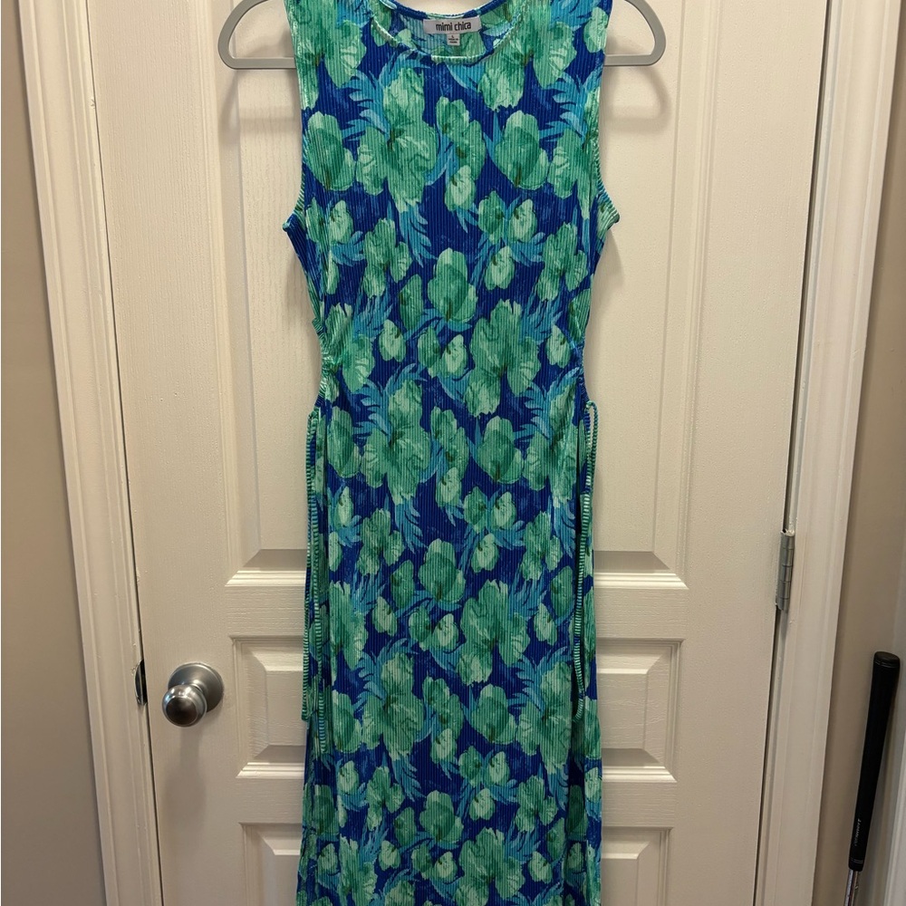 Mimi Chica  Ribbed Blue and Green Midi Dress with small side cut outs